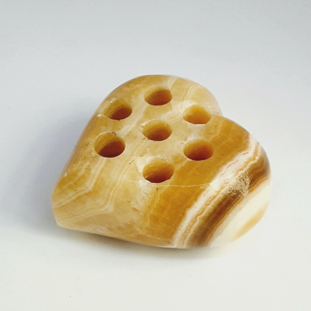 Onyx Stone Heart Pencil Pen Holder Amber Ivory Layered Marbling Desk Top